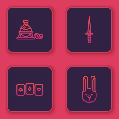 Cadı kazanı ve sihirli taş, iskambil kağıtları, kulaklı hançer ve tavşan. Mavi kare düğme. Vektör