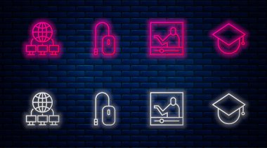 Çevrimiçi Bilgisayar faresi, Çevrimiçi eğitim, ağ ve Mezuniyet Kapsülü. Tuğla duvarda parlayan neon simgesi. Vektör
