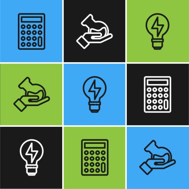 Çizgi hesap makinesini, yıldırımlı ampulü, test tüpünü ve şişe ikonunu ayarla. Vektör