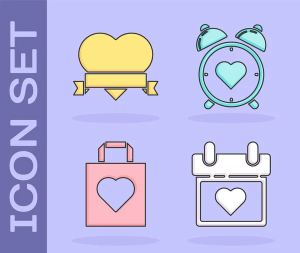 Set Kalender mit Herz, Herz und Band, Einkaufstasche mit Herz und Herz in der Mitte Wecker-Symbol. Vektor — Stockvektor