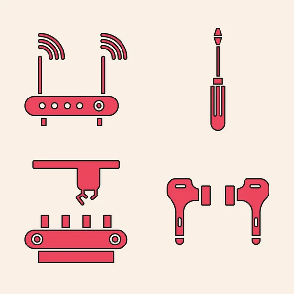 Set Air headphones, Router and wi-fi signal, Screwdriver and Factory conveyor system belt icon. Vector — Stock Vector