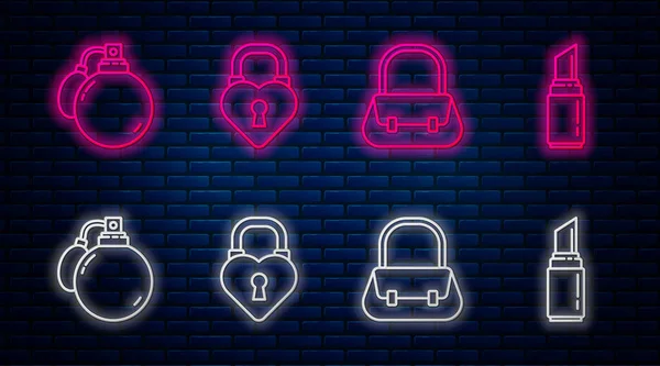 Set linea Castello a forma di cuore, borsa, profumo e rossetto. Icona al neon incandescente sul muro di mattoni. Vettore — Vettoriale Stock