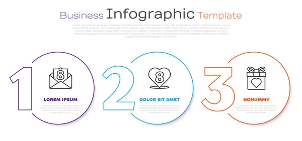 Set line Envelope with 8 March, Heart with 8 March and Gift box and heart. Business infographic template. Vector — Stock Vector