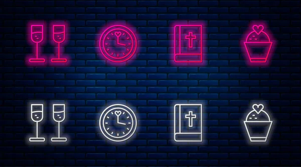 Set line Clock, Holy bible book, Glass of champagne and Wedding cake with heart. Glowing neon icon on brick wall. Vector — Stock Vector