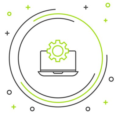 Dizüstü bilgisayar ve dişli simgesi beyaz arkaplanda izole edildi. Laptop servis konsepti. Uygulama ayarlanıyor, seçenekler ayarlanıyor, bakım, onarım, onarım. Renkli taslak konsepti. Vektör.