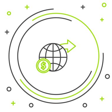 Beyaz zemin üzerinde dolar sembolü olan çizgi Dünya küresi. Dünya ya da Dünya işareti. Küresel internet sembolü. Geometrik şekiller. Renkli taslak konsepti. Vektör.