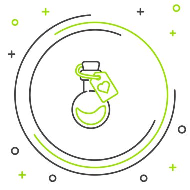 Aşk iksiri ikonu içeren çizgi şişesi beyaz arkaplanda izole edilmiş. Sevgililer Günü sembolü. Renkli taslak konsepti. Vektör.