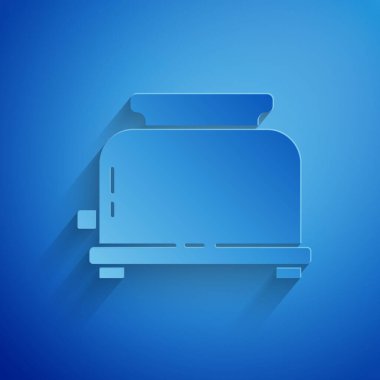 Kağıt kesimi tost makinesi ve mavi arka planda izole edilmiş tost simgesi. Kağıt sanatı tarzı. Vektör.