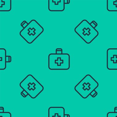 Mavi çizgi ilk yardım seti simgesi yeşil arkaplanda pürüzsüz desen izole etti. Haçlı sağlık kutusu. Acil durumlar için tıbbi ekipman. Sağlık sigortası konsepti. Vektör İllüstrasyonu.