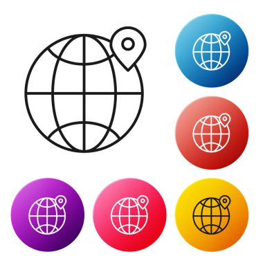 Beyaz arkaplanda izole edilmiş siyah çizgi simgesi. Dünya ya da Dünya işareti. Renkli daire düğmelerini ayarlayın. Vektör İllüstrasyonu.