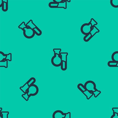 Mavi çizgi test tüpü ve matara ikonu yeşil arka planda izole edilmiş kusursuz desen. Kimyasal laboratuvar testi. Laboratuvar camları. Vektör.