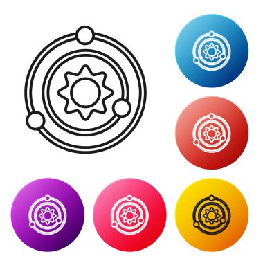 Siyah çizgi güneş sistemi simgesi beyaz arkaplanda izole edildi. Gezegenler yıldızın etrafında dönerler. Renkli daire düğmelerini ayarlayın. Vektör.