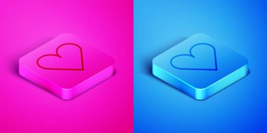 Pembe ve mavi arkaplanda izole edilmiş Isometric Line Heart simgesi. Romantik sembol, bağlanma, tutku ve düğün. Sevgililer Günü sembolü. Kare düğmesi. Vektör.