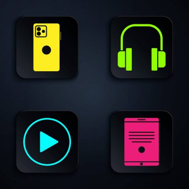 Tablet 'i, Smartphone' u, cep telefonunu, daire şeklinde çal ve kulaklık tak. Siyah kare düğme. Vektör.