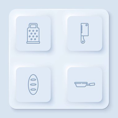 Hattı Grater, Et Helikopteri, Ekmek ve Kızartma Tavası 'na ayarla. Beyaz kare düğme. Vektör.