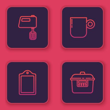 Elektrik karıştırıcı, kesme tahtası, kahve fincanı ve yavaş pişirme makinesi. Mavi kare düğme. Vektör.