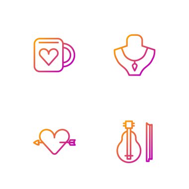 Keman, aşk, kalp ve ok, kahve fincanı ve manken kolye. Renk simgeleri. Vektör.