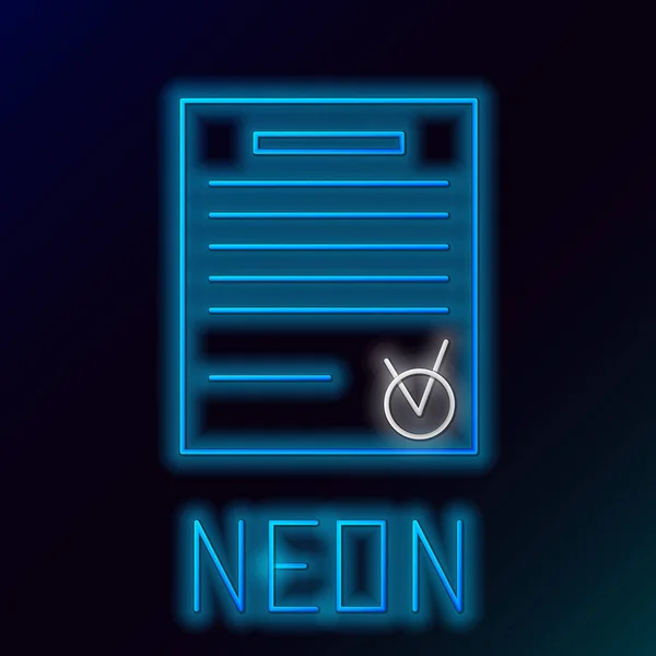 Gloeiende Neon Lijn Bevestigd Document Vinkje Pictogram Geïsoleerd Zwarte Achtergrond — Stockvector