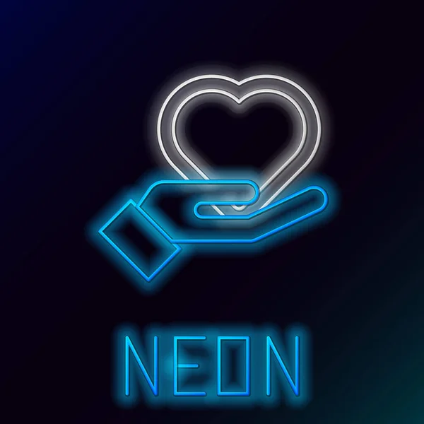 Glödande Neon Line Hjärta Hand Ikon Isolerad Svart Bakgrund Handgivande — Stock vektor