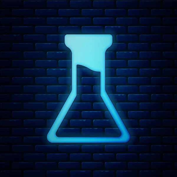 Glowing Neon Test Tube Flask Icon Isolated Brick Wall Background — Stock Vector