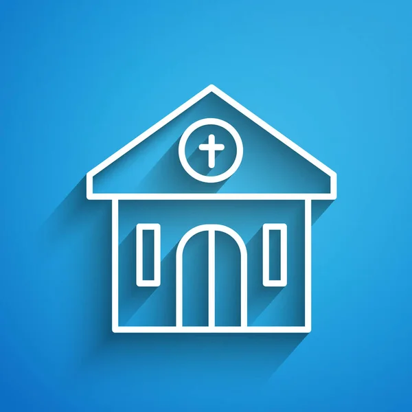 Ligne Blanche Icône Bâtiment Église Isolé Sur Fond Bleu Église — Image vectorielle
