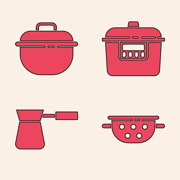 Set Kitchen Colander Cooking Pot Slow Cooker Coffee Turk Icon — Stock Vector