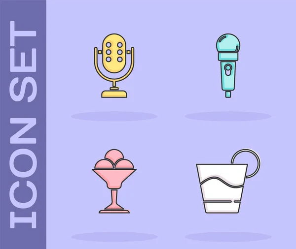 Set Cocktail Microphone Ice Cream Bowl Icon Vector — Stock Vector