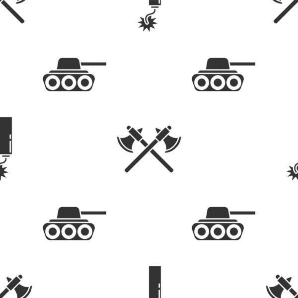 设置炸药炸弹钟表 穿过中世纪的斧头和军用坦克无缝模式 — 图库矢量图片