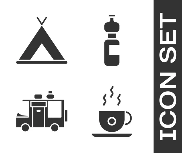 设置咖啡杯 旅游帐篷 露营拖车和水壶图标 — 图库矢量图片