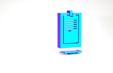 Beyaz arkaplanda belge simgesi izole edilmiş turkuaz pano. Minimalizm kavramı. 3d illüstrasyon 3B canlandırma.