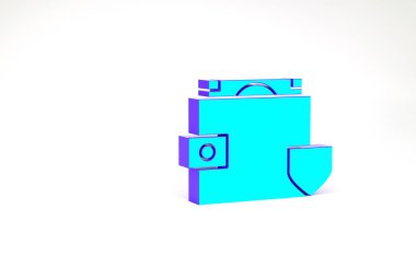 Turkuaz Cüzdan ve beyaz arka planda izole edilmiş kalkan simgesi olan para. Sigorta konsepti. Güvenlik, güvenlik, koruma, konsept koruma. Minimalizm kavramı. 3d illüstrasyon 3B canlandırma.
