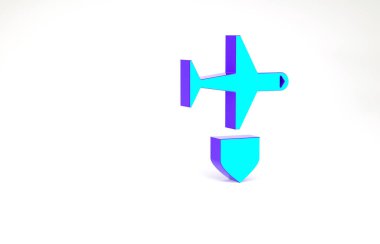 Beyaz zemin üzerinde kalkan simgesi olan turkuaz uçak. Uçan uçak. Uçak sigortası. Güvenlik, güvenlik, koruma, konsept koruma. Minimalizm kavramı. 3d illüstrasyon 3B canlandırma.