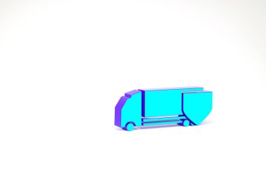 Beyaz zemin üzerinde kalkan simgesi olan turkuaz kargo kamyonu. Sigorta konsepti. Güvenlik, güvenlik, koruma, konsept koruma. Minimalizm kavramı. 3d illüstrasyon 3B canlandırma.