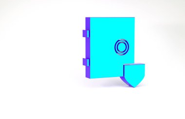 Beyaz zemin üzerinde kalkan simgesi olan turkuaz kasa. Sigorta konsepti. Güvenlik, güvenlik, koruma, konsept koruma. Minimalizm kavramı. 3d illüstrasyon 3B canlandırma.