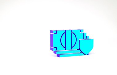 Beyaz arkaplanda kalkan simgesi olan turkuaz para. Sigorta konsepti. Güvenlik, güvenlik, koruma, konsept koruma. Minimalizm kavramı. 3d illüstrasyon 3B canlandırma.