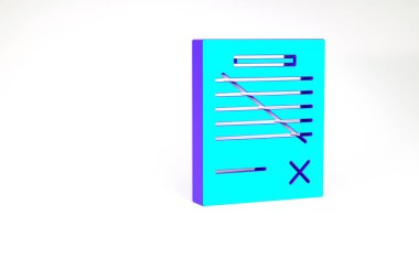 Turkuaz Silme dosya simgesi beyaz arkaplanda izole edildi. Reddedilmiş belge simgesi. Kağıt üzerinde çarmıh. Minimalizm kavramı. 3d illüstrasyon 3B canlandırma.