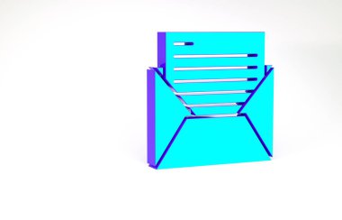 Turkuaz posta simgesi ve e- posta simgesi beyaz arkaplanda izole edildi. Zarf sembolü e-postası. E- posta kodu. Minimalizm kavramı. 3d illüstrasyon 3B canlandırma.