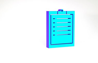 Beyaz arkaplanda kontrol listesi simgesine sahip turkuaz pano. Minimalizm kavramı. 3d illüstrasyon 3B canlandırma.