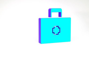 Turkuaz ilk yardım çantası simgesi beyaz arkaplanda izole edildi. Haçlı sağlık kutusu. Acil durumlar için tıbbi ekipman. Sağlık sigortası konsepti. Minimalizm kavramı. 3d illüstrasyon 3B canlandırma.