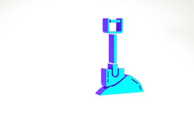 Beyaz arkaplanda izole edilmiş yerdeki turkuaz kürek. Bahçe aletleri. Bahçecilik, tarım, çiftçilik aleti. Minimalizm kavramı. 3d illüstrasyon 3B canlandırma.