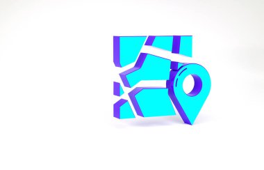Beyaz arkaplanda konum simgesi izole edilmiş turkuaz katlı harita. Minimalizm kavramı. 3d illüstrasyon 3B canlandırma.