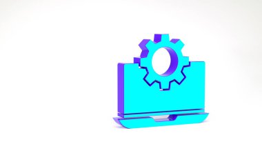 Turkuaz dizüstü bilgisayar ve teçhizat simgesi beyaz arkaplanda izole edildi. Laptop servis konsepti. Uygulama ayarlanıyor, seçenekler ayarlanıyor, bakım, onarım, onarım. Minimalizm kavramı. 3d illüstrasyon 3B canlandırma.