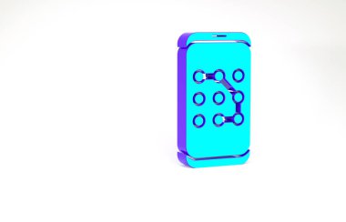 Turkuaz cep telefonu ve beyaz arkaplanda izole edilmiş grafik şifre koruma simgesi. Güvenlik, güvenlik, kişisel erişim, kullanıcı yetkisi. Minimalizm kavramı. 3d illüstrasyon 3B canlandırma.