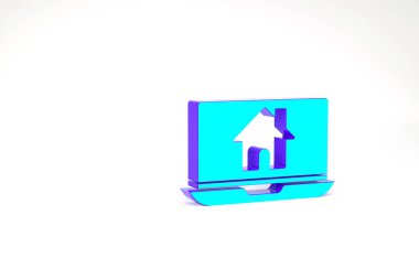 Turkuaz dizüstü bilgisayar ve akıllı ev simgesi beyaz arkaplanda izole edildi. Uzaktan kumanda. Minimalizm kavramı. 3d illüstrasyon 3B canlandırma.