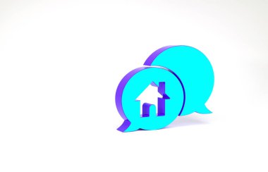 Beyaz arka planda izole edilmiş konuşma baloncuğu ikonundaki Turkuaz Ev binası. Emlak konsepti. Minimalizm kavramı. 3d illüstrasyon 3B canlandırma.