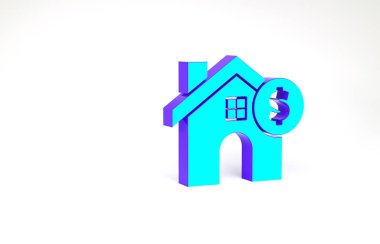 Beyaz arka planda dolar sembolü olan turkuaz ev. Ev ve para. Emlak konsepti. Minimalizm kavramı. 3d illüstrasyon 3B canlandırma.