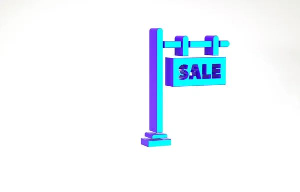 绿松石挂标志与文字销售图标隔离在白色背景 标牌与文字销售 最低纲领的概念 3D渲染3D插图 — 图库照片