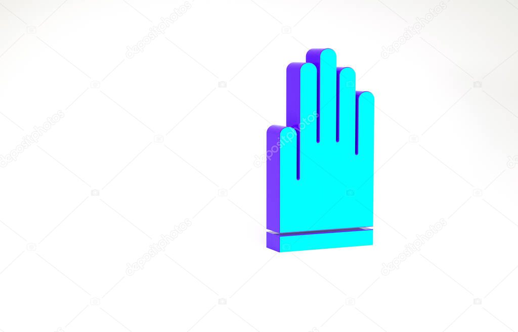 Turquoise Gloves icon isolated on white background. Extreme sport. Diving underwater equipment. Minimalism concept. 3d illustration 3D render.