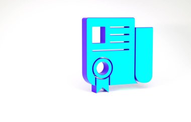 Turkuaz Sertifika şablon simgesi beyaz arkaplanda izole edildi. Başarı, ödül, diploma, burs, diploma. İş başarısı sertifikası Minimalizm kavramı. 3d illüstrasyon 3B canlandırma.