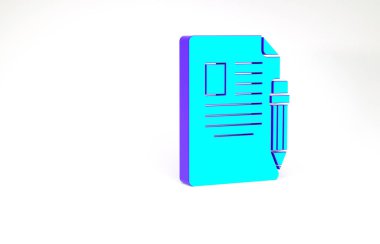 Beyaz zemin üzerinde silgi simgesi olan turkuaz sınav kağıdı ve kalem. Sınav kağıdı, sınav ya da araştırma konsepti. Sınav ya da sınav. Minimalizm kavramı. 3d illüstrasyon 3B canlandırma.